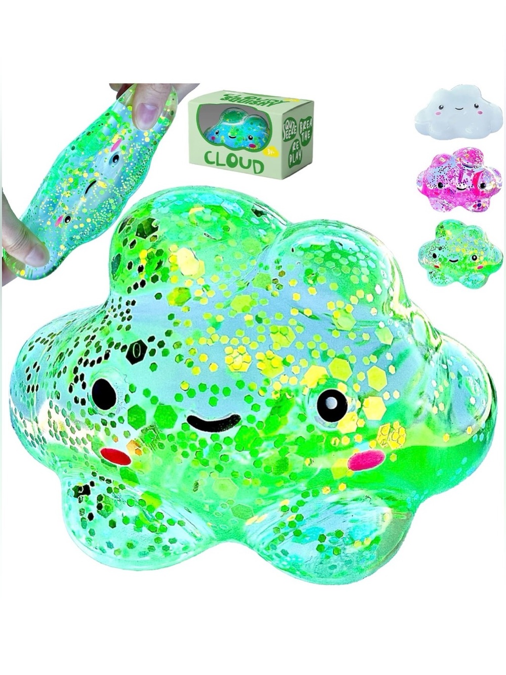 Kiedle Cute Green Glitter Squishy Cloud Toy with Smiling Face
